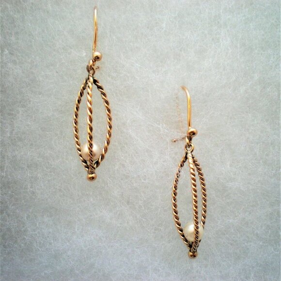 Vintage Solid 14K Yellow Gold White Cultured Pearl Dangle Drop Earrings P - Picture 4 of 5